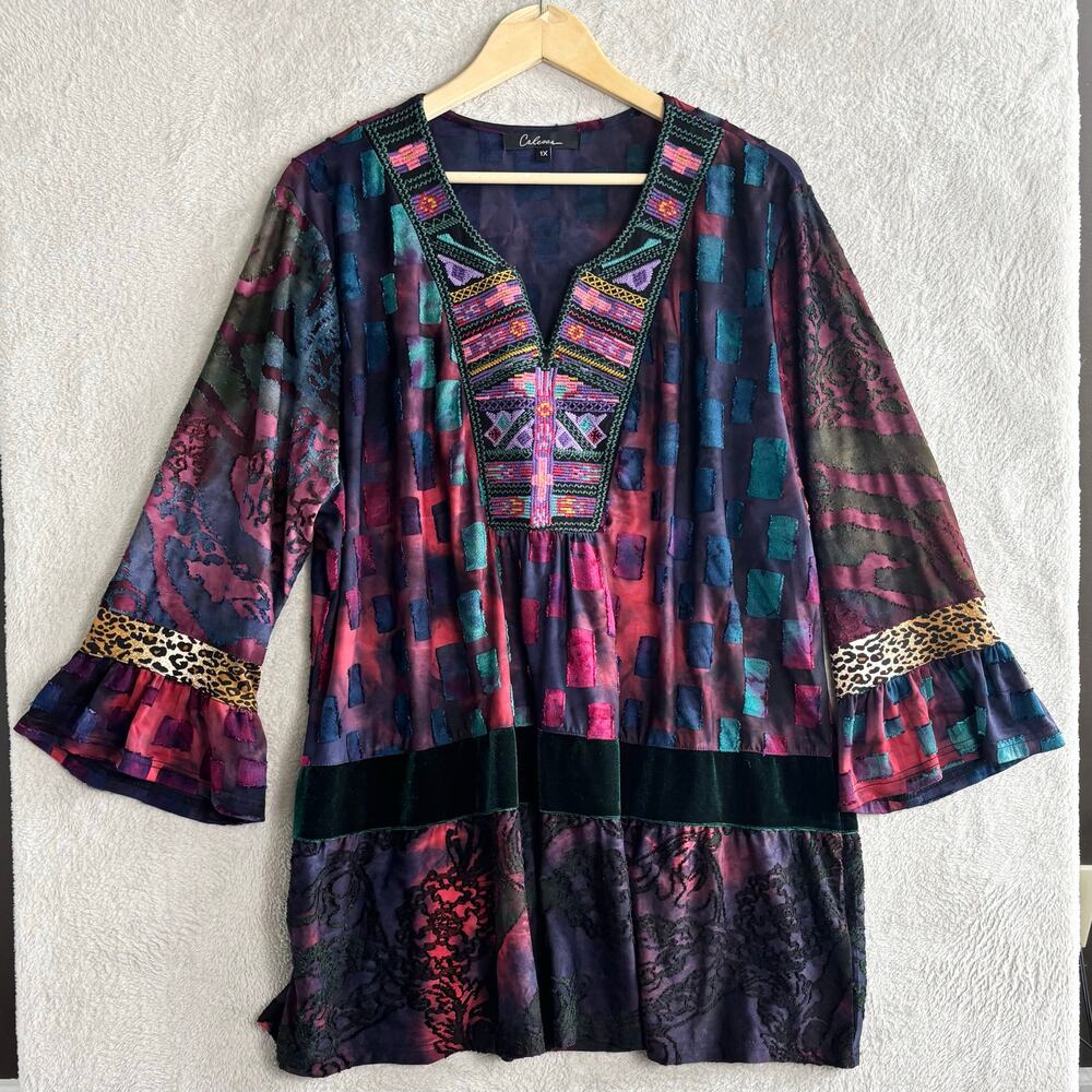 Calessa Tunic Top 1X Mixed Media Patchwork Embroidered Velvet Bell Sleeve Boho